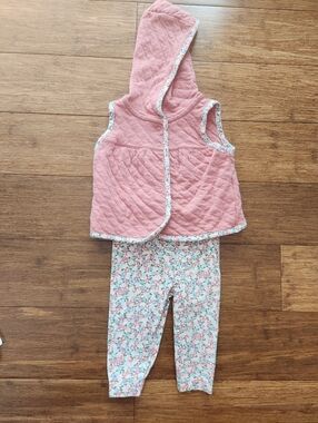 Carter's Baby Girls Pink Quilted Hooded Vest And Matching Floral Pants, 6 Months